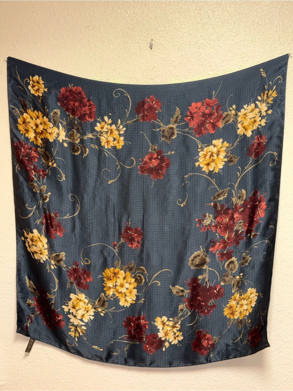 ECHO Floral Blue scarf silk Yellow & Red Flowers